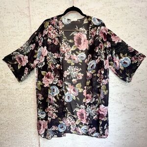 Sheer Floral Kimono Robe Sz M Made in USA Beach Cover-Up